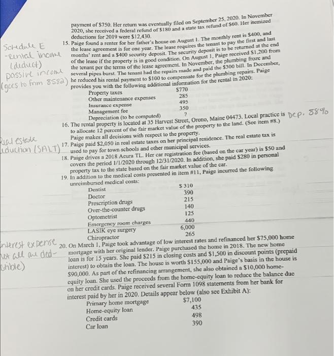 complete Paige Turnier's 2020 federal income tax retum. If any information is