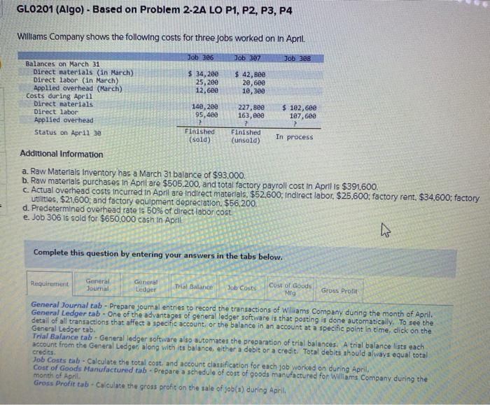 asap please GLO201 (Algo) - Based on Problem 2-2A LO P1, P2,