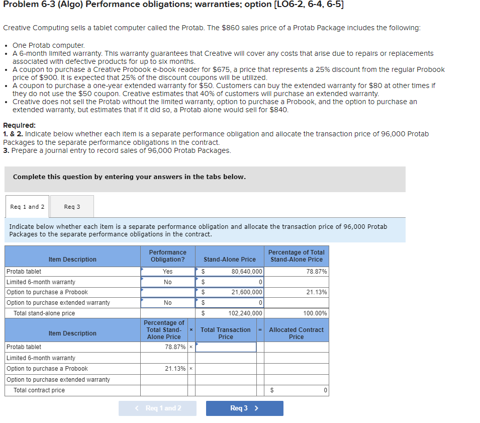  Problem 6-3(Algo) Performance obligations; warranties; option [LO6-2,6-4,6-5] Creative Computing sells a
