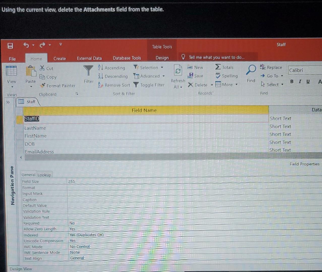 Access Using the current view, delete the Attachments field from the table.
