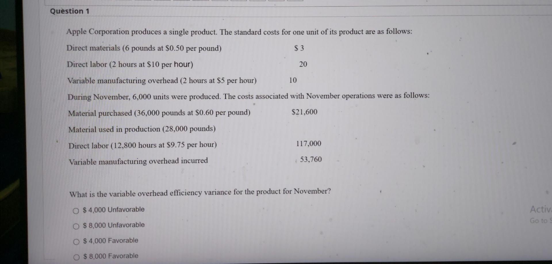 standard costs for one unit of its product are as follows: Direct