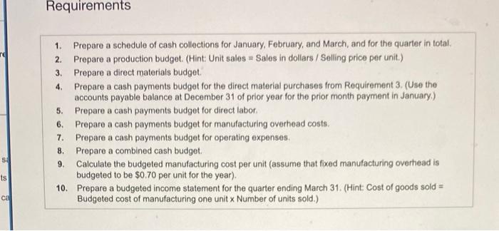 a schedule of cash collections for January. February, and Maech, and for