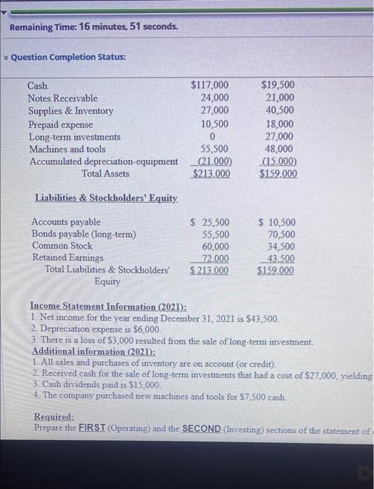 ASAP Remaining Time: 16 minutes, 51 seconds. Question Completion Status: Cash $117,000