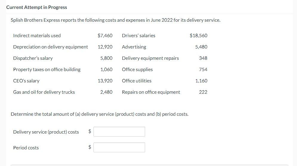 Current Attempt in Progress Splish Brothers Express reports the following costs