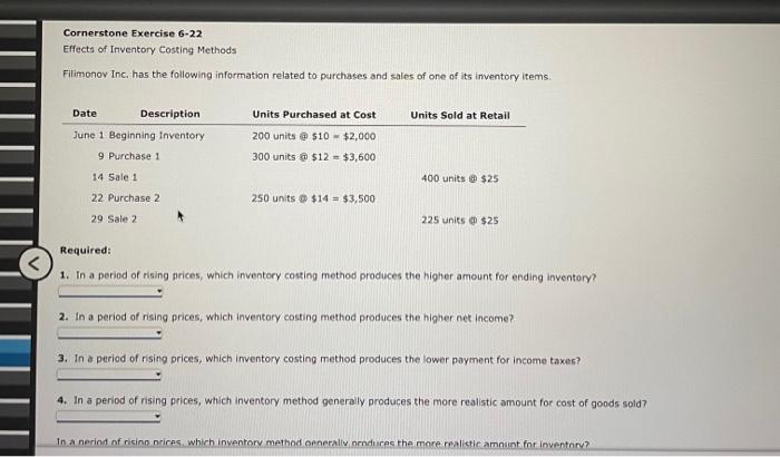 The options for all the questions are: Average cost method, FIFO, or
