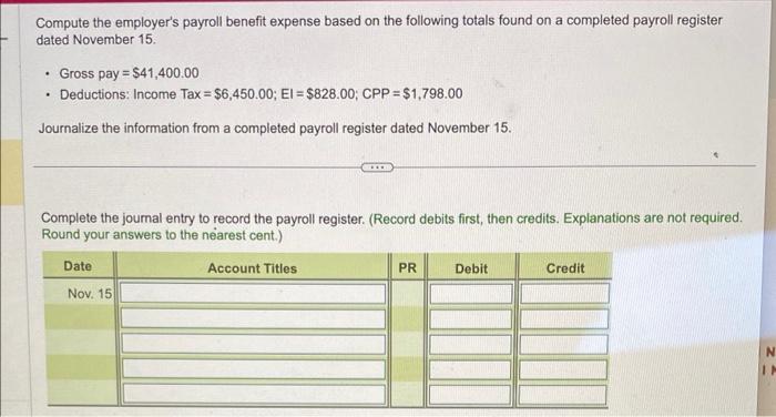 help please Compute the employer's payroll benefit expense based on the following