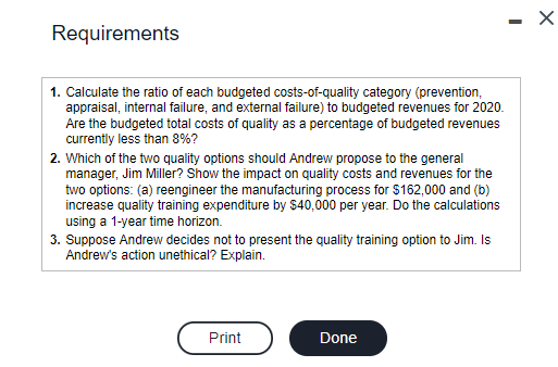 follows: LOADING... (Click the icon to view the budgeted revenues and quality