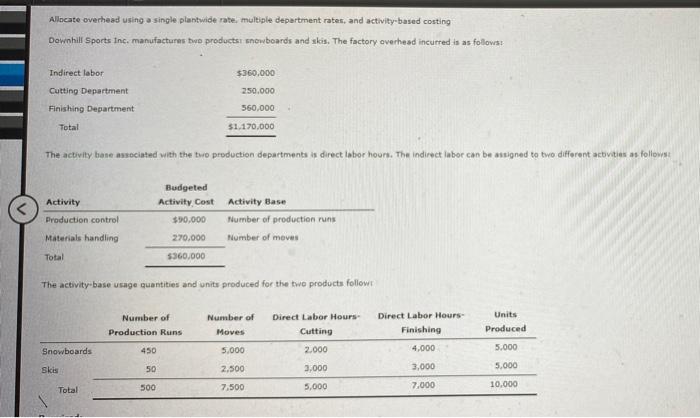 3) REQUIRED: Alacate overhead using a single plantwide rate, multiple department rates,