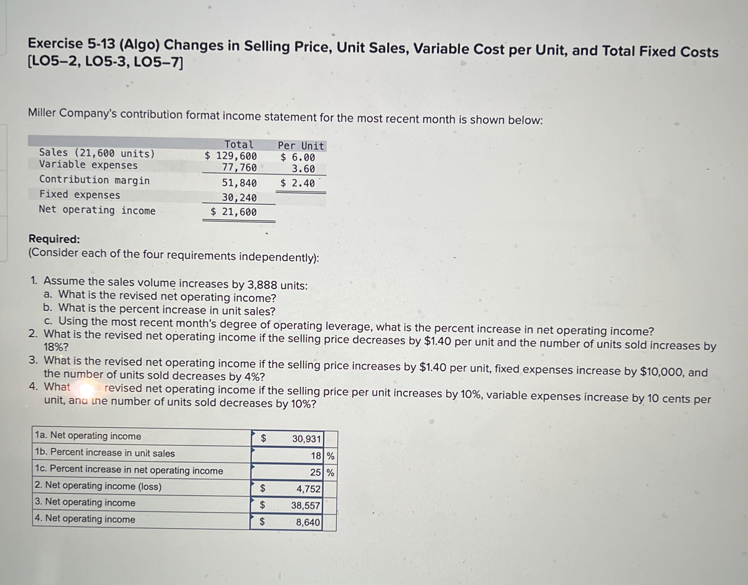  Exercise 5-13(Algo) Changes in Selling Price, Unit Sales, Variable Cost per