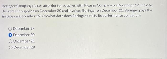 on what date does BERINGER satisfy its performance obligation? on what date