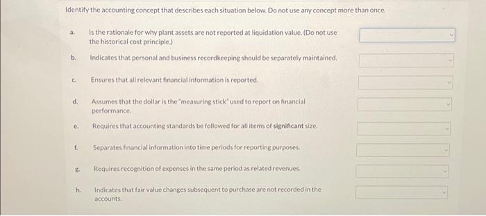  Identify the accounting concept that describes each situation below. Do not