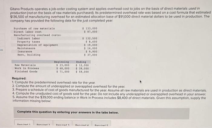 please answer the required 1-5 Gitano Products operates a job-order costing system