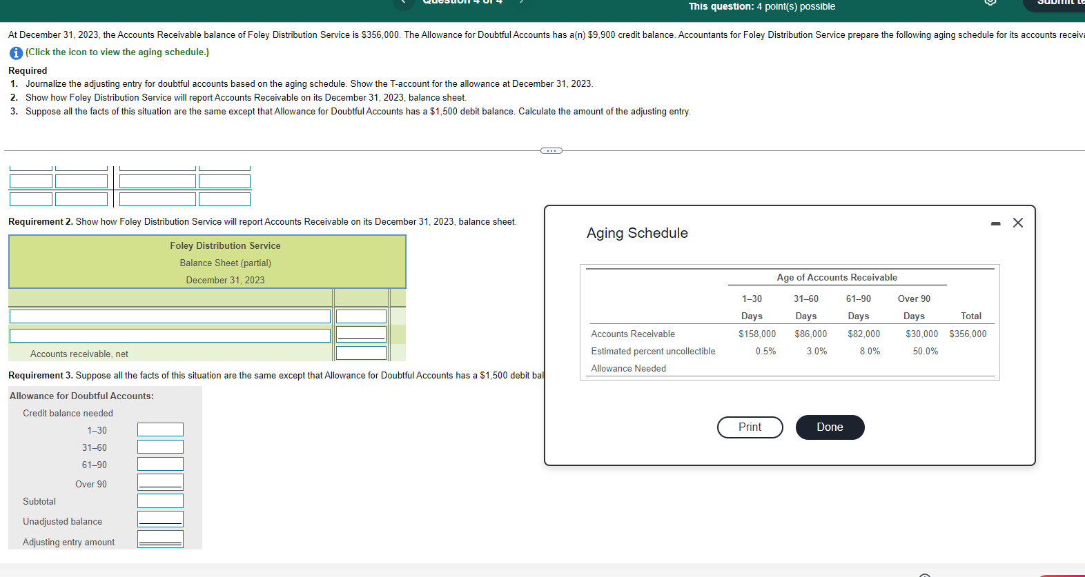 the adjusting entry for doubtful accounts based on the aging schedule. Show