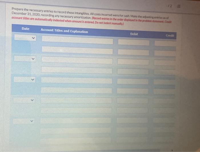 Vaughn Company, organized in 2020, has the following transactions related to intangibles