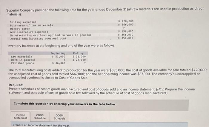 please answer the income statement, COGS Schedule and the COGM schedule Superior