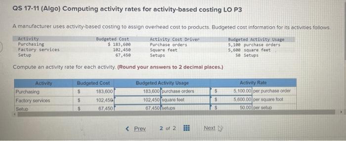 QS 17-11 (Algo) Computing activity rates for activity-based costing LO P3