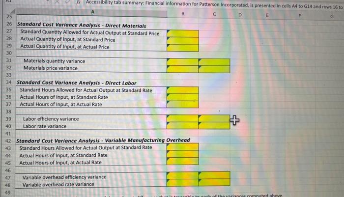 the following excel assigment. Standards for one of Patterson, Inc.'s products is