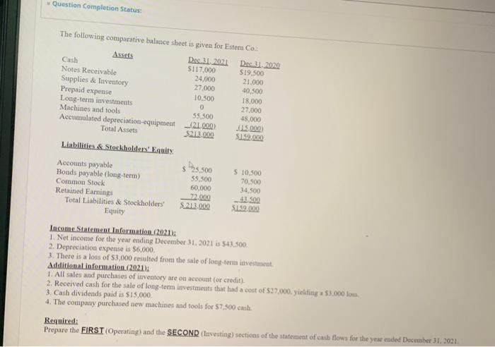 please Question Completion Status: The following comparative balance sheet is given for