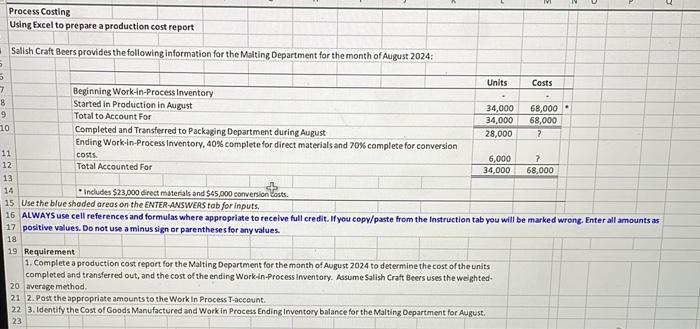 i only need requirements 2 and 3 Process Costing Using Excel to