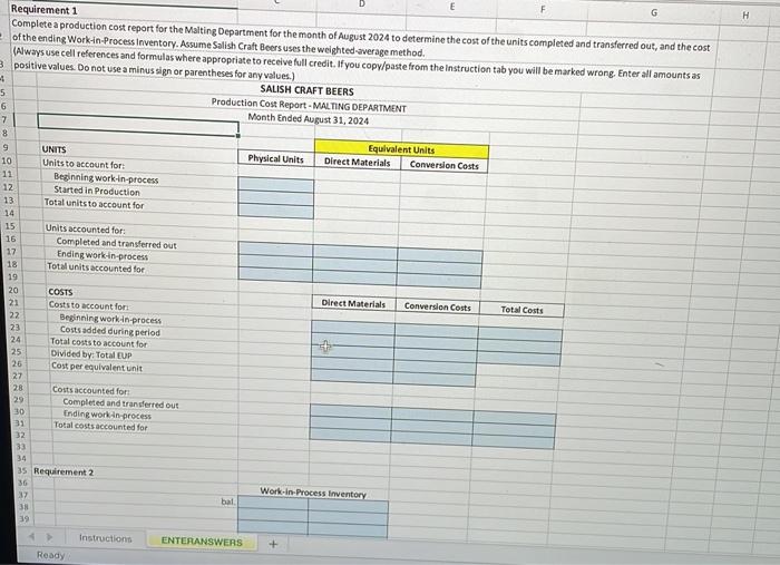 prepare a production cost report Salish Craft Beers provides the following information