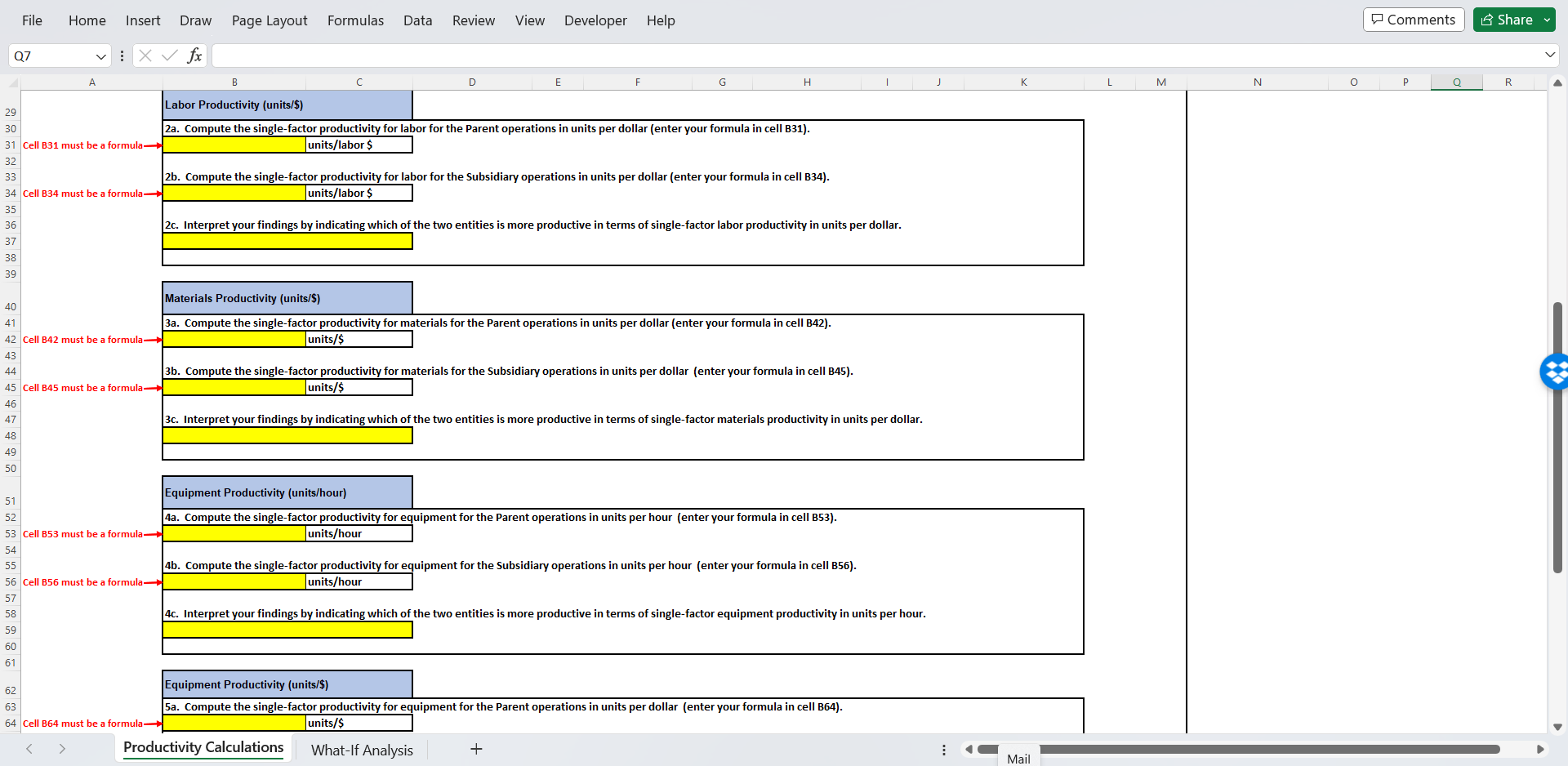 correct 1-10 Productivity Analysis Assignment Total =55 points: Productivity Calculation Tab (
