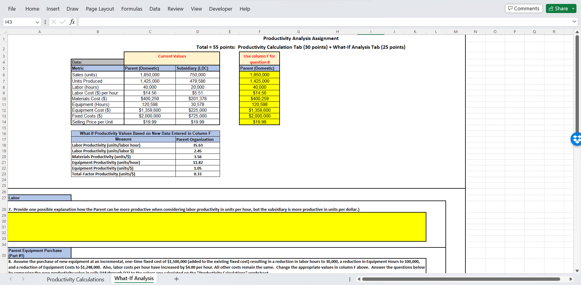 new productivity value in cells D18 through D23 to the values you