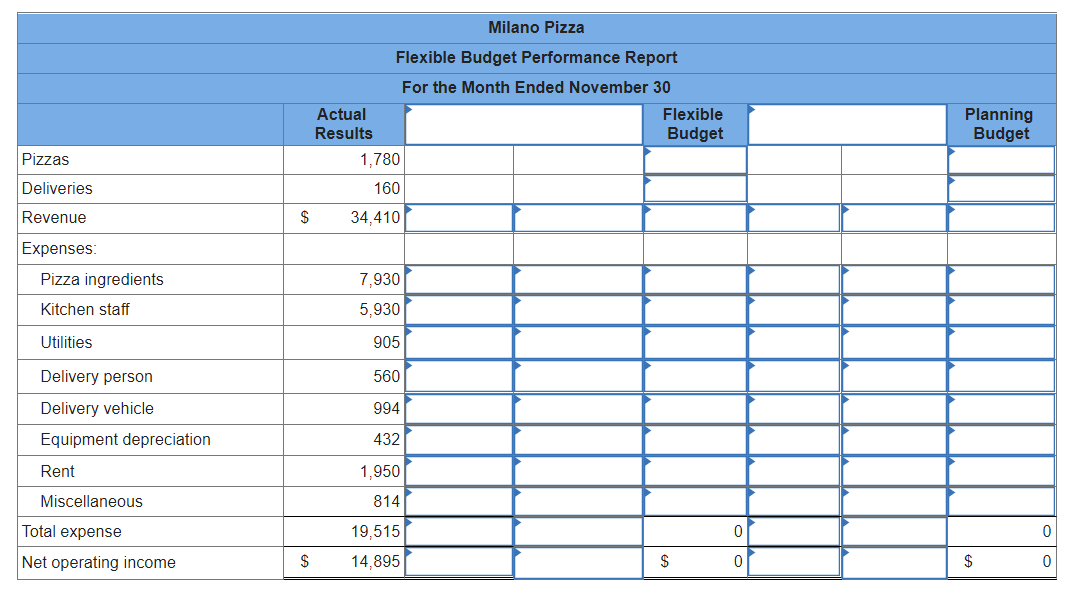 a variance report that compares the planning budget to actual results. A