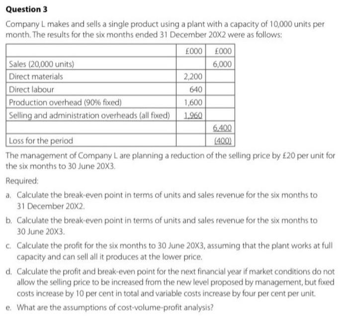 help Company L makes and sells a single product using a plant