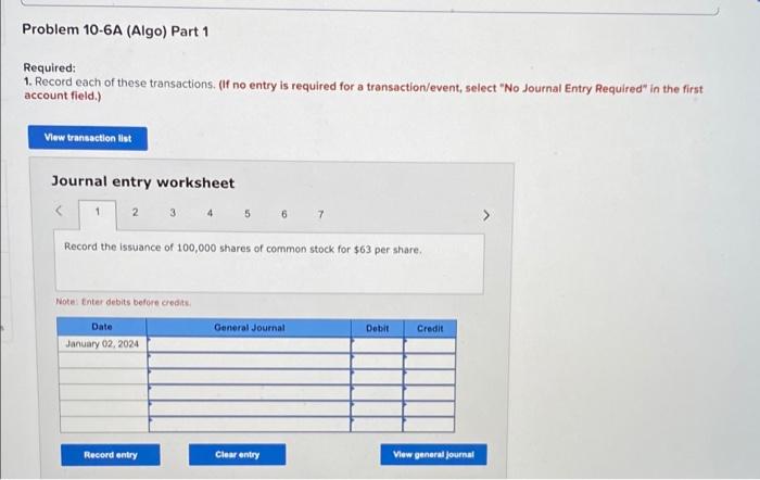 ! Required information Problem 10-6A (Algo) Record equity transactions and prepare the