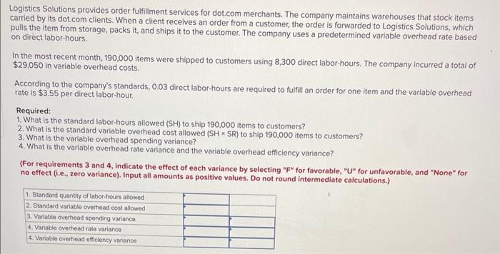 please show work Logistics Solutions provides order fulfillment services for dot.com merchants.