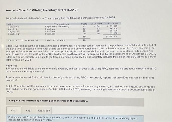 HELPP!!! Analysis Case 9-6 (Static) Inventory errors [LO9-7] Eddie's Galleria sells billiard