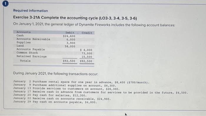 please help! ASAP 0 Required information Exercise 3-21A Complete the accounting cycle