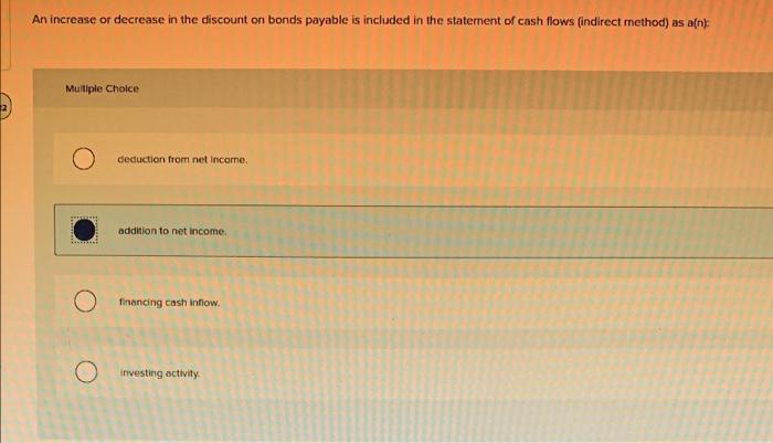  An increase or decrease in the discount on bonds payable is