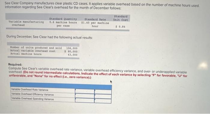  Compute See Clear's variable overhead rate variance, variable overhead efficiency variance,