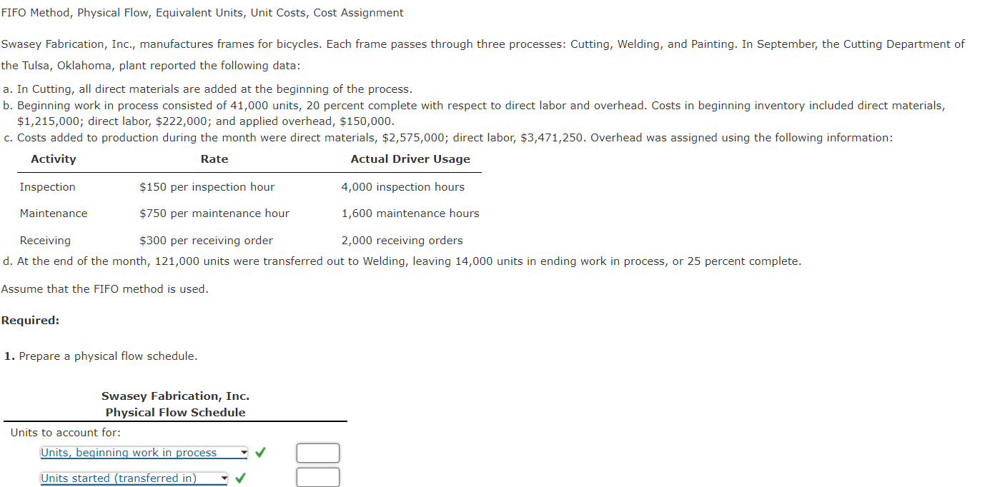 Q4 FIFO Method, Physical Flow, Equivalent Units, Unit Costs, Cost Assignment Swasey