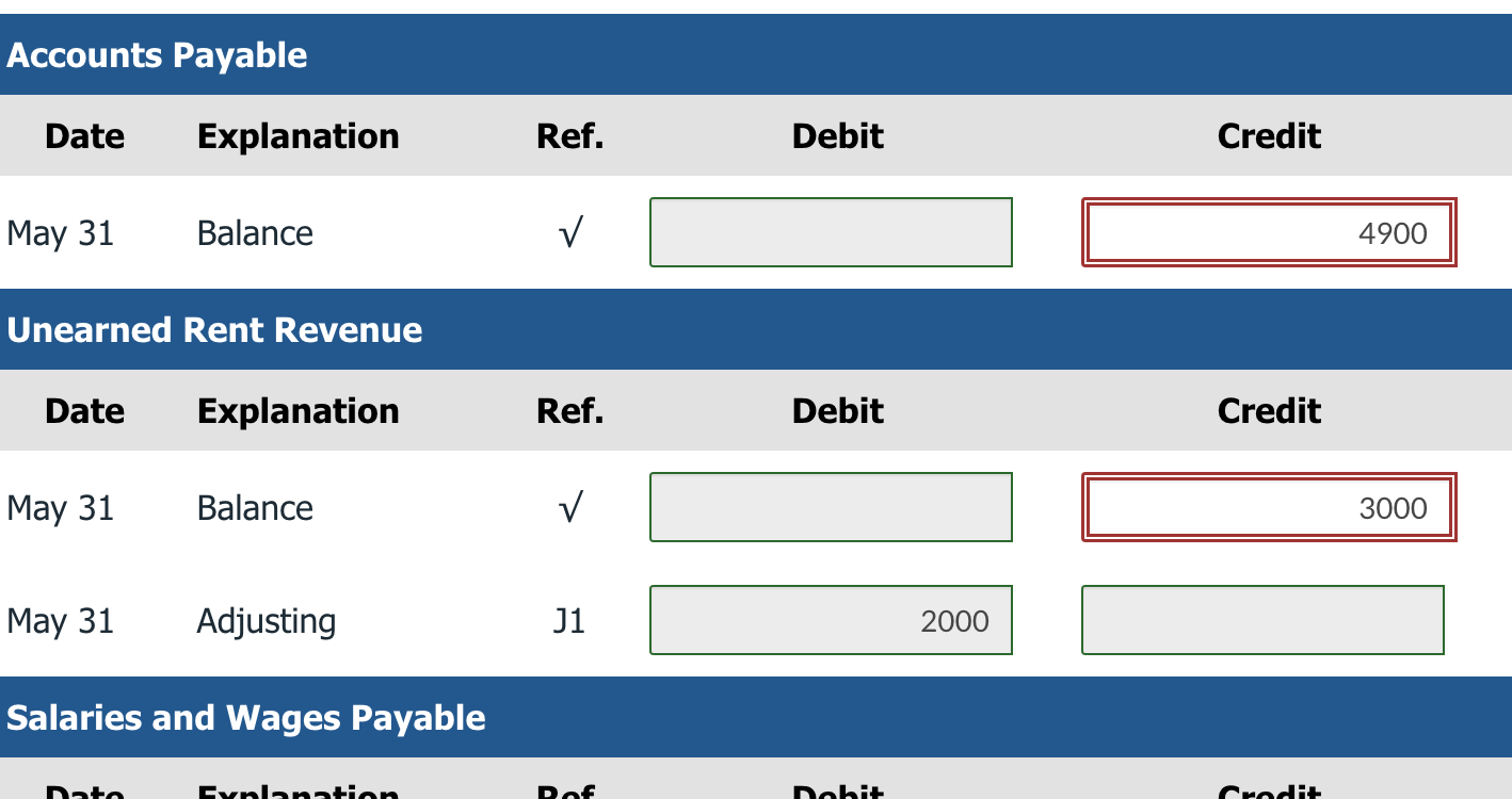 Debit \\ May 31 Balance & \( \sqrt{\hline} \) \end{tabular} Supplies \begin{aligned}