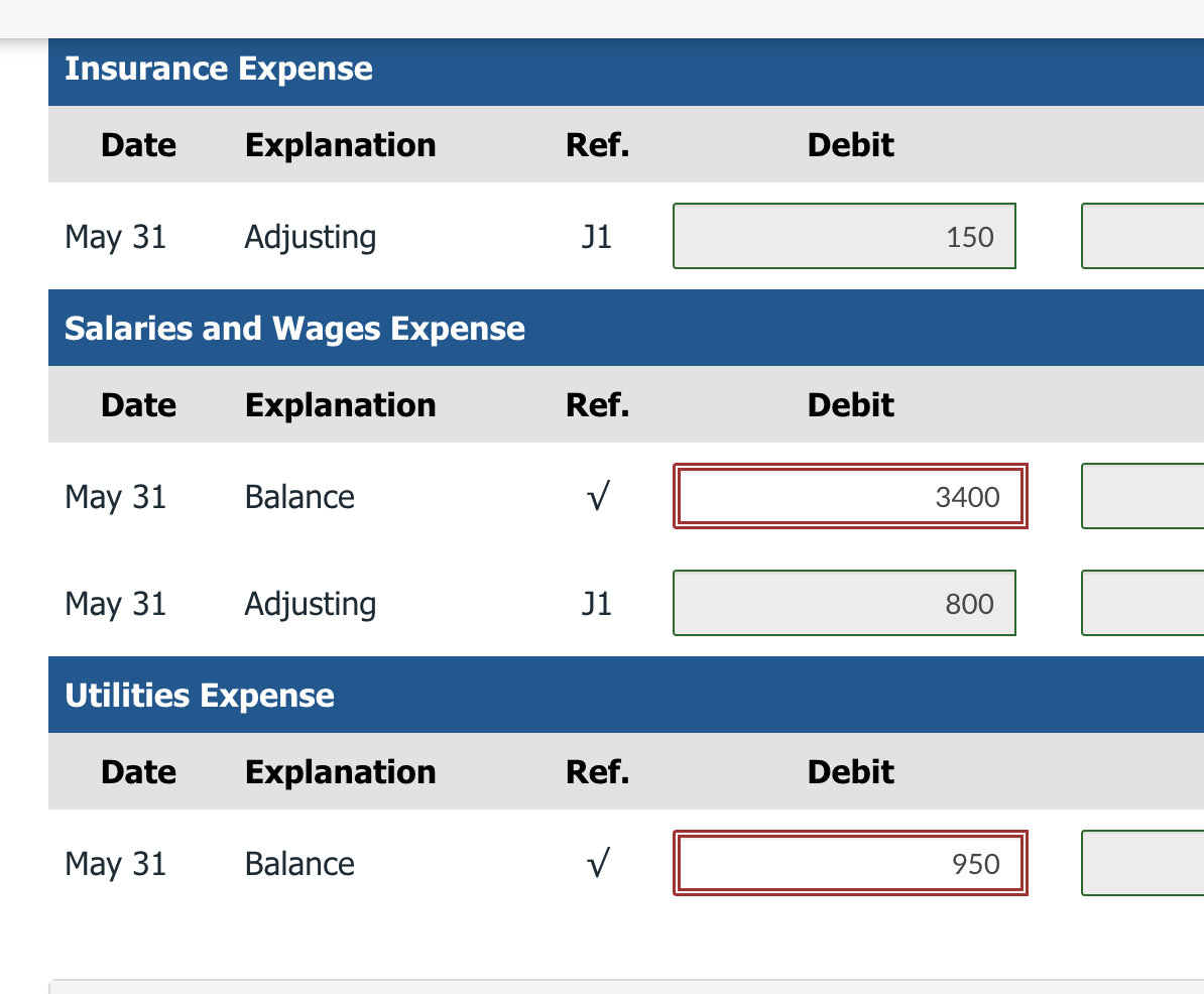Debit May \( 31 & \) Balance \( & \sqrt{\hline} \\ \)