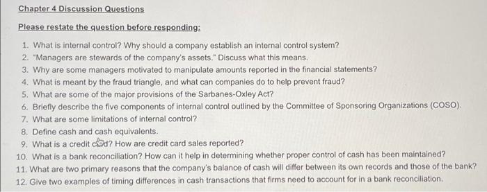 type the answer instead of writing it please #1-12 Chapter 4 Discussion