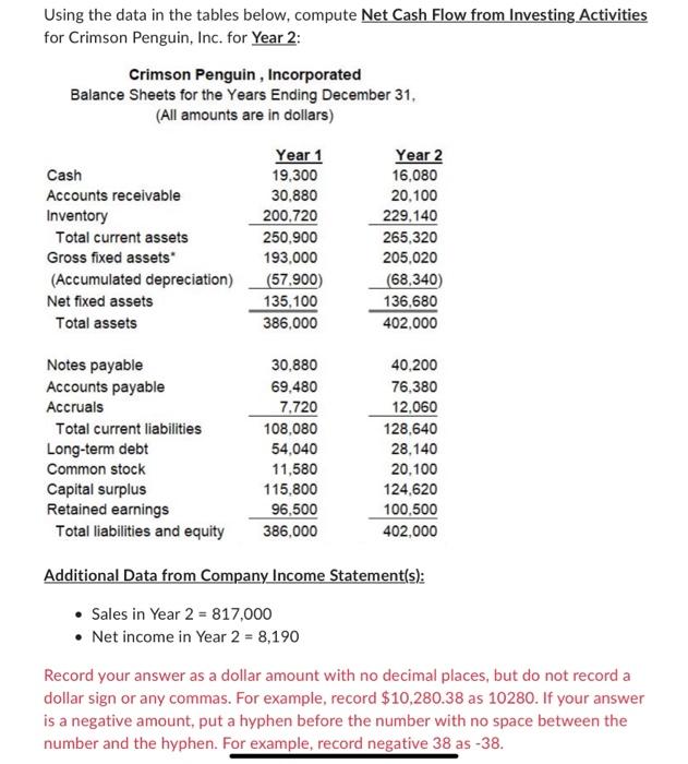  Using the data in the tables below, compute Net Cash Flow