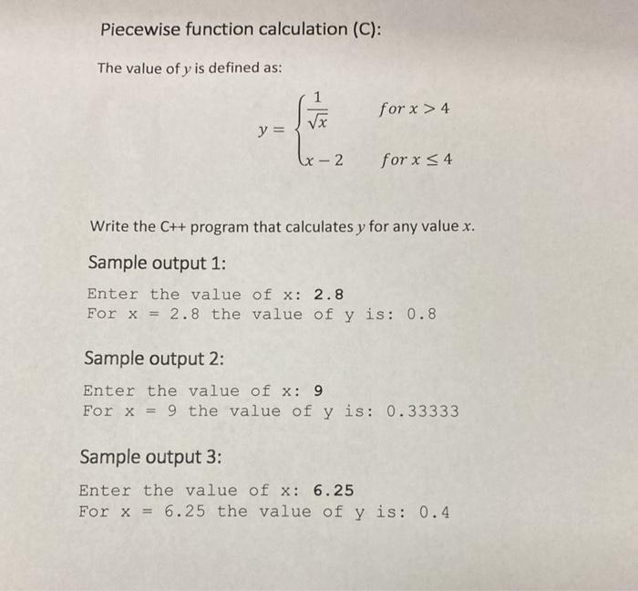  Piecewise function calculation (C): The value of y is defined as:
