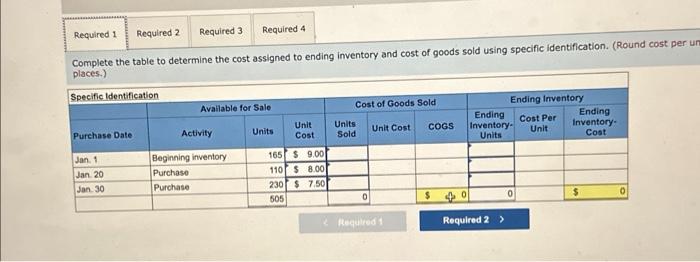 and cost of goods sold using specific identification. (Round cost pe places.)