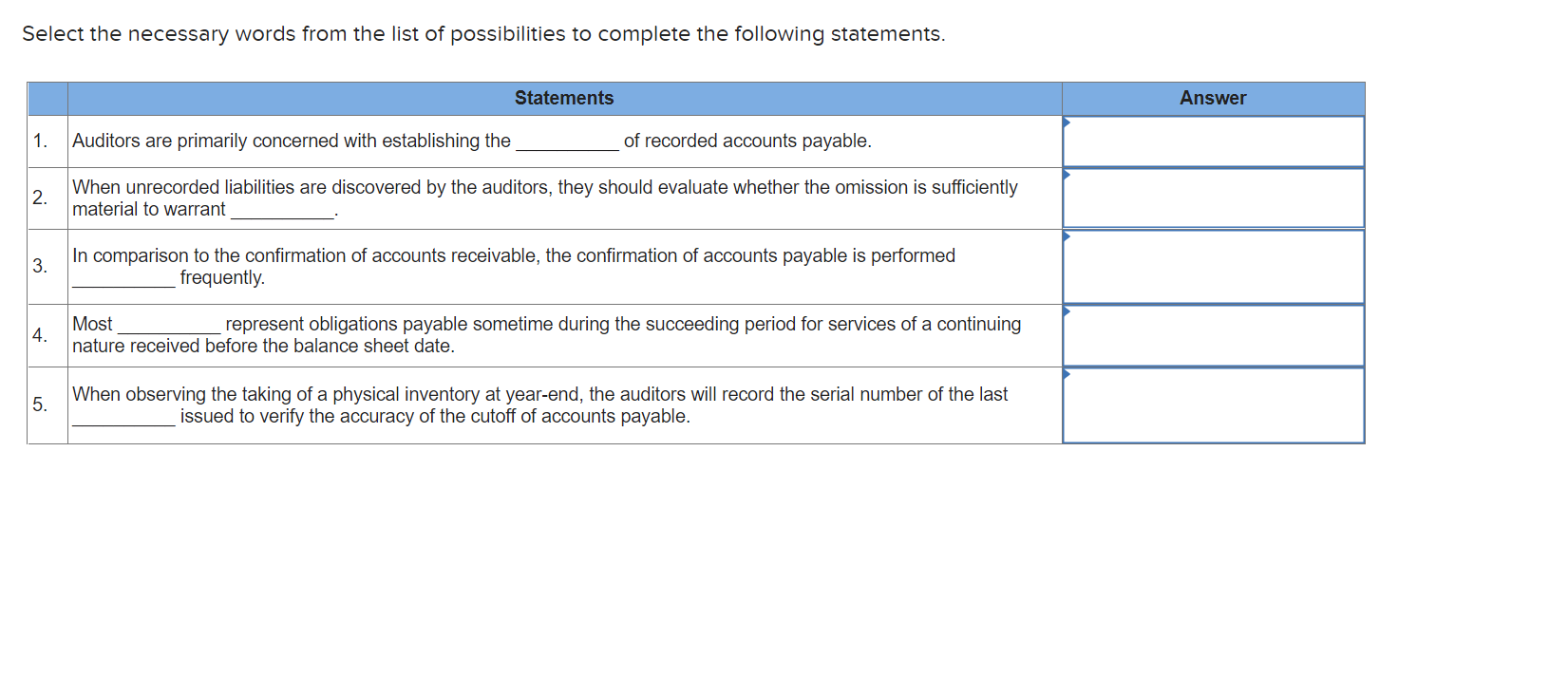 Options: 1) accrued liabilities 2) an adjusting journal entry 3) completeness