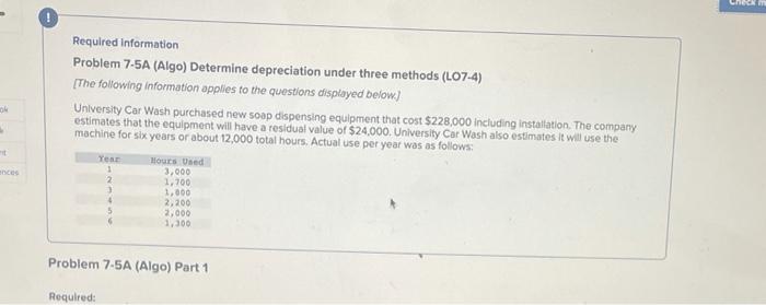 please help Required information Problem 7-5A (Algo) Determine depreciation under three methods