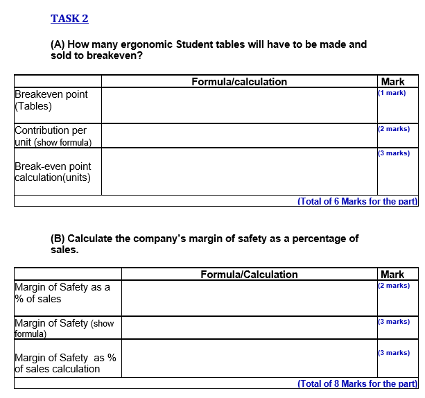TASK 2 TASK 2 (A) How many ergonomic Student tables will have