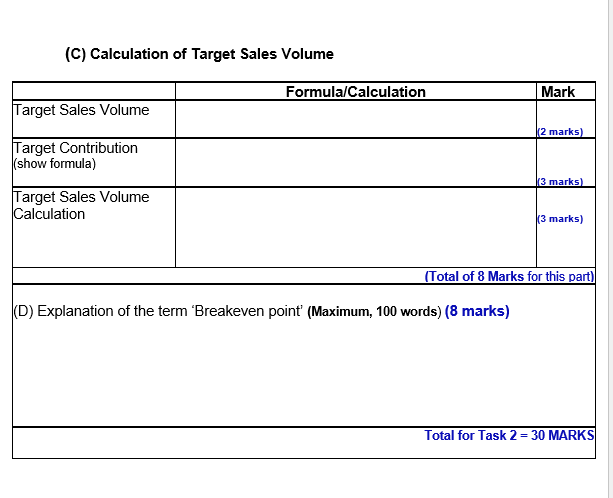 to be made and sold to breakeven? Formula/calculation Mark |(1 mark) Breakeven