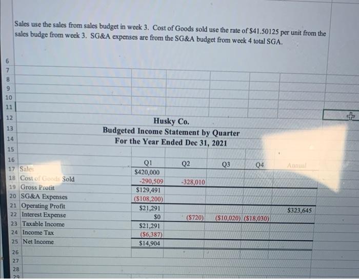 need help preparing a budgeted income statement by quarter for 2021. Sales