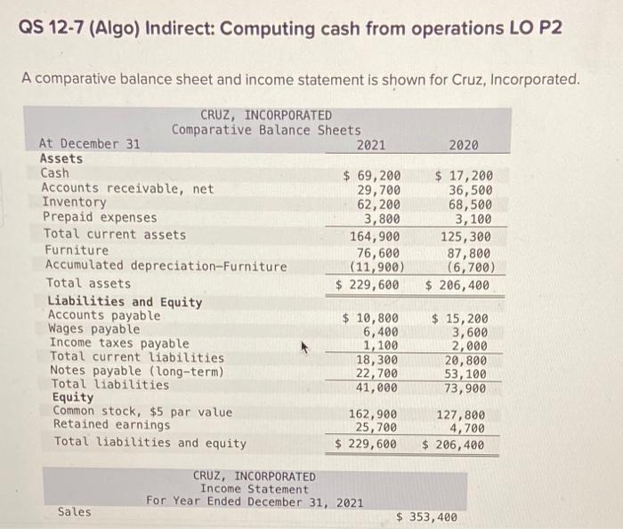 Need help QS 12-7 (Algo) Indirect: Computing cash from operations LO P2