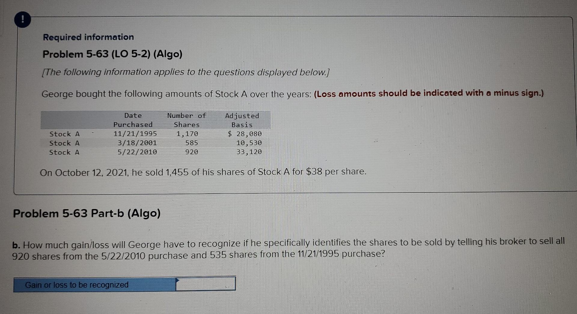 (LO 5-2) (Algo) (The following information applies to the questions displayed below.)