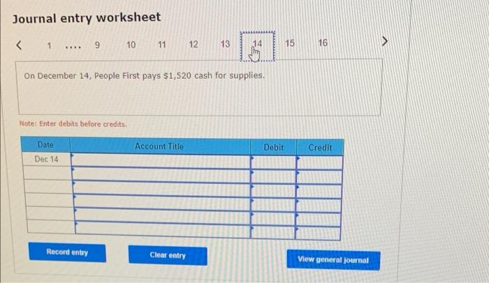 Clear entry View general journal Journal entry worksheet On December 12, People