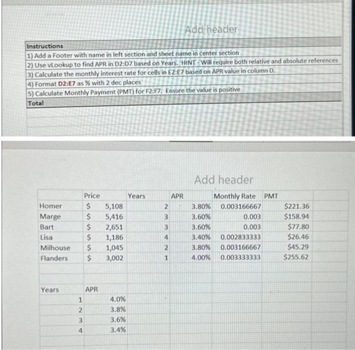 how i can do these step in Exal? Add header